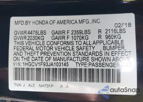 2018 Honda Accord Touring из США, поврежденный, VIN 1HGCV1F93JA103145